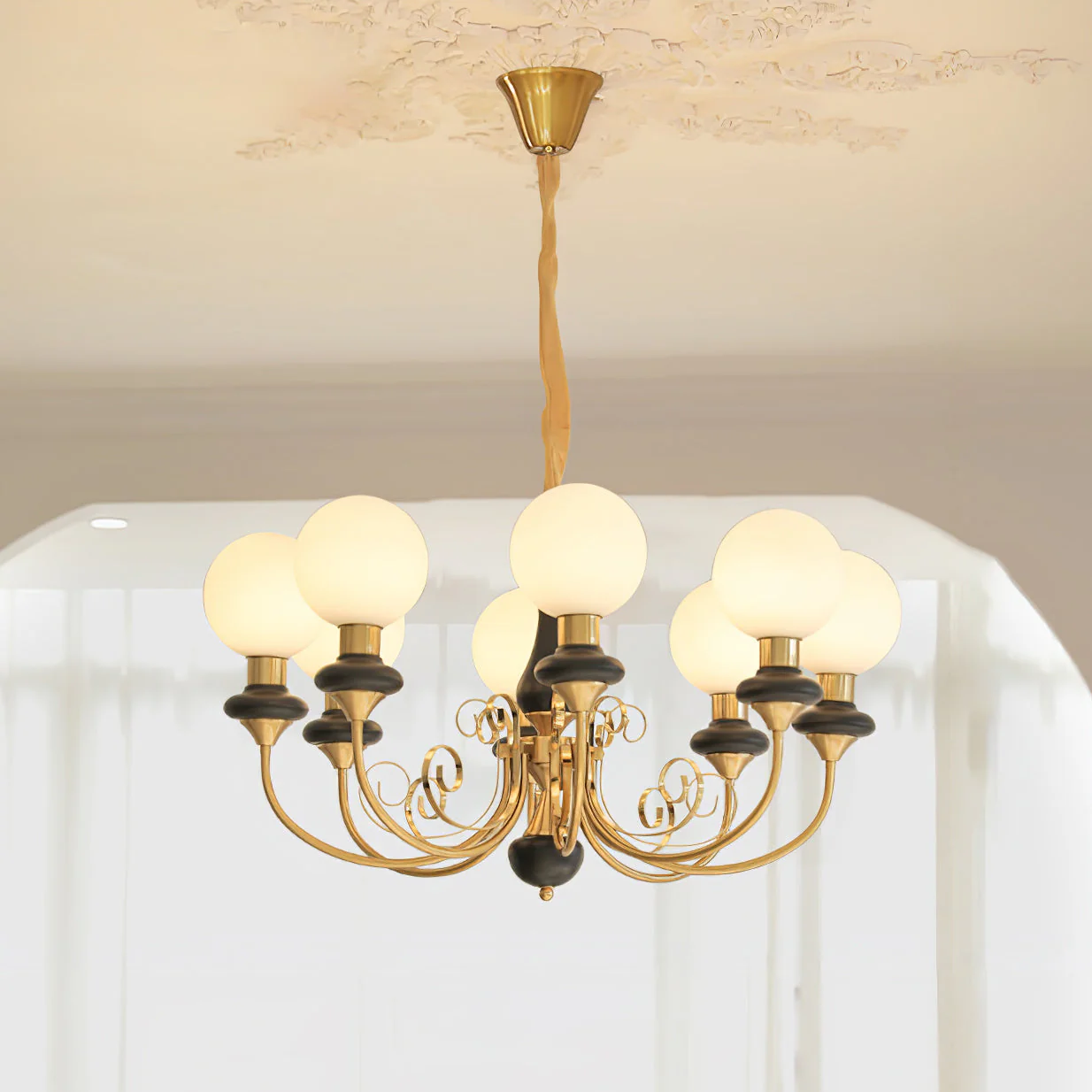 Lustra Chandelier Green Shades Gold Curved Arms - Image 25