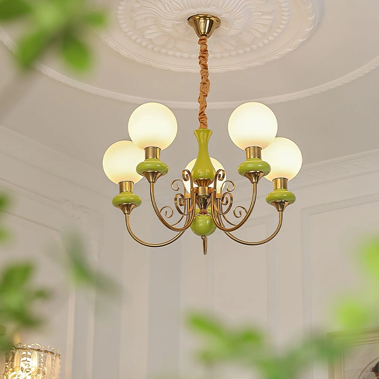 Lustra Chandelier Green Shades Gold Curved Arms - Image 26