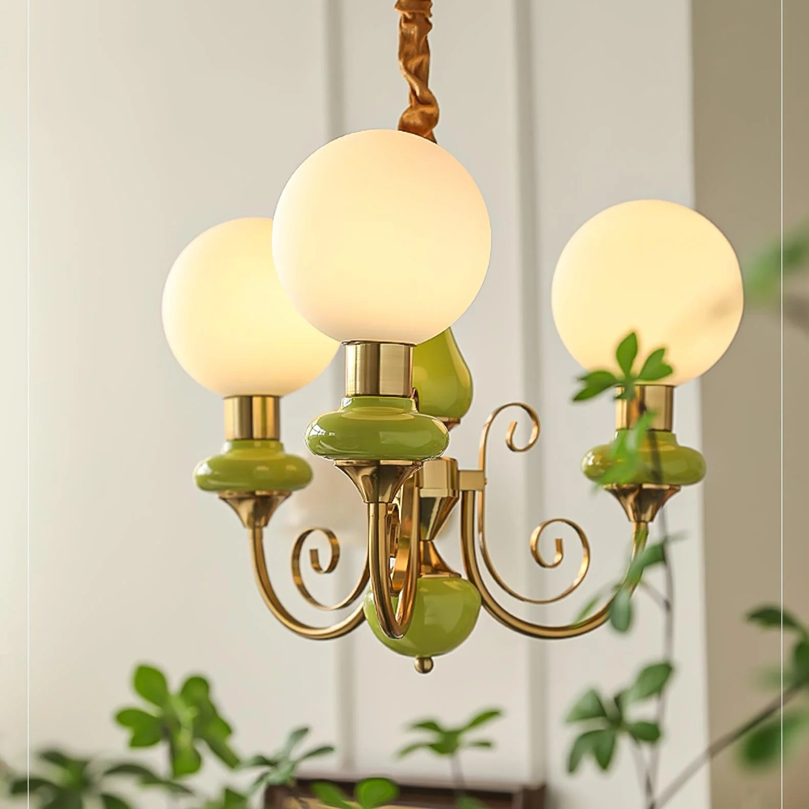 Lustra Chandelier Green Shades Gold Curved Arms - Image 28