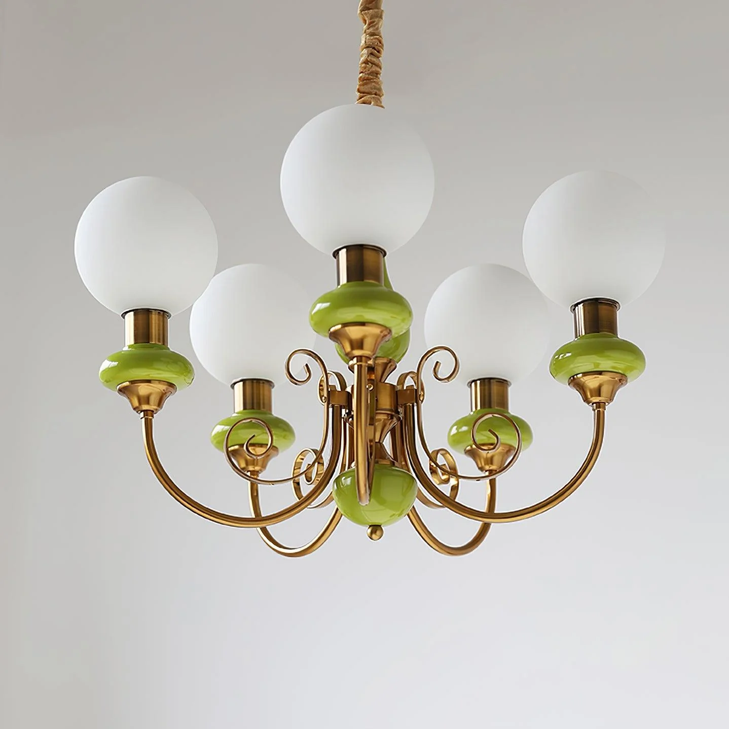 Lustra Chandelier Green Shades Gold Curved Arms - Image 29