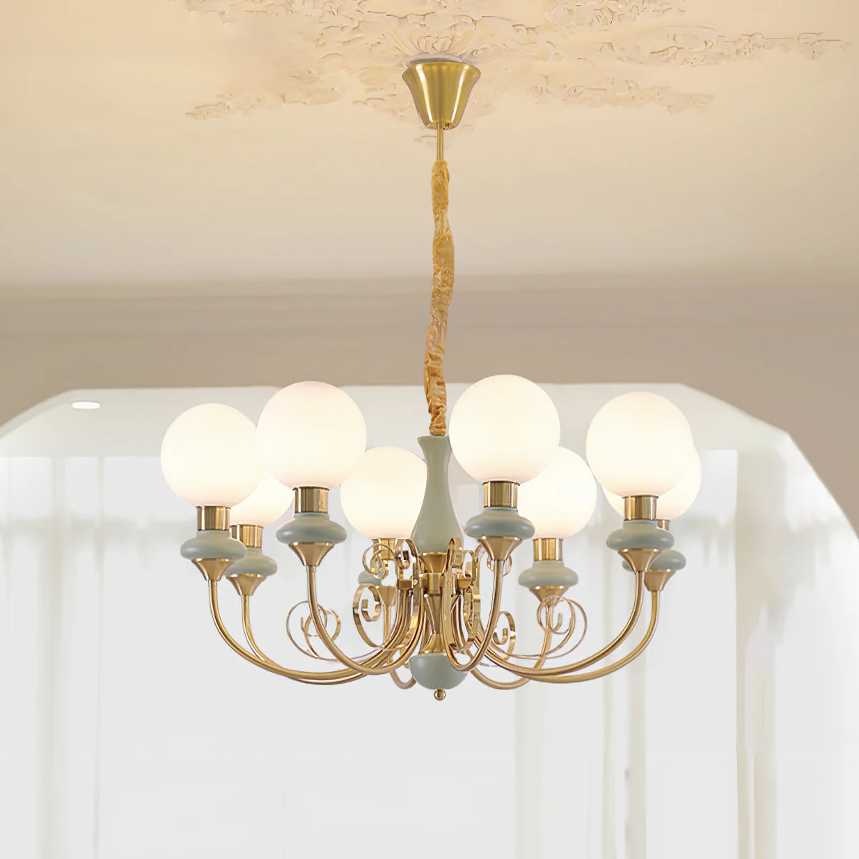 Lustra Chandelier Green Shades Gold Curved Arms - Image 3