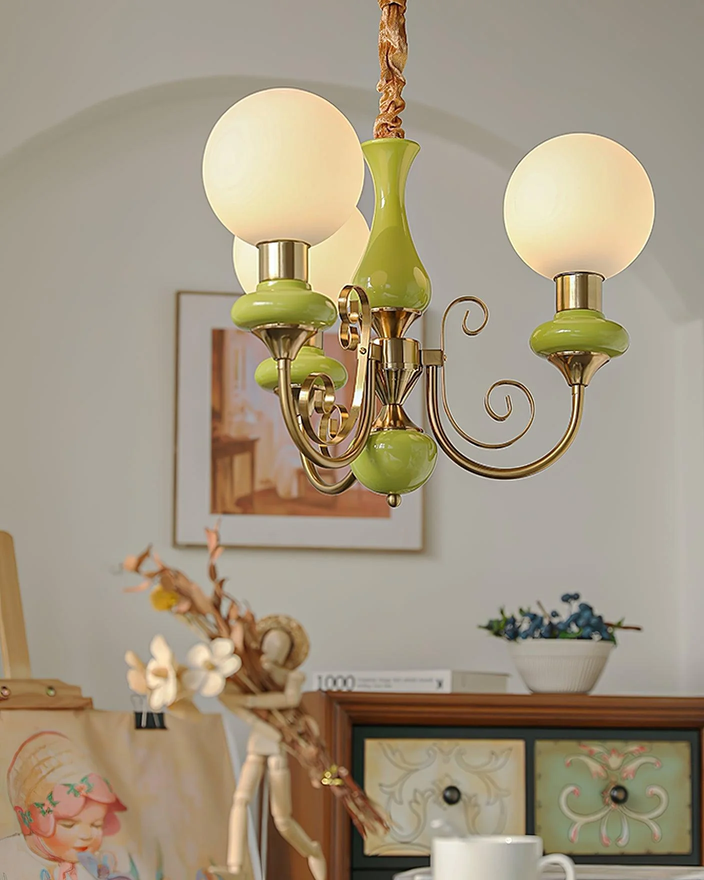 Lustra Chandelier Green Shades Gold Curved Arms - Image 30