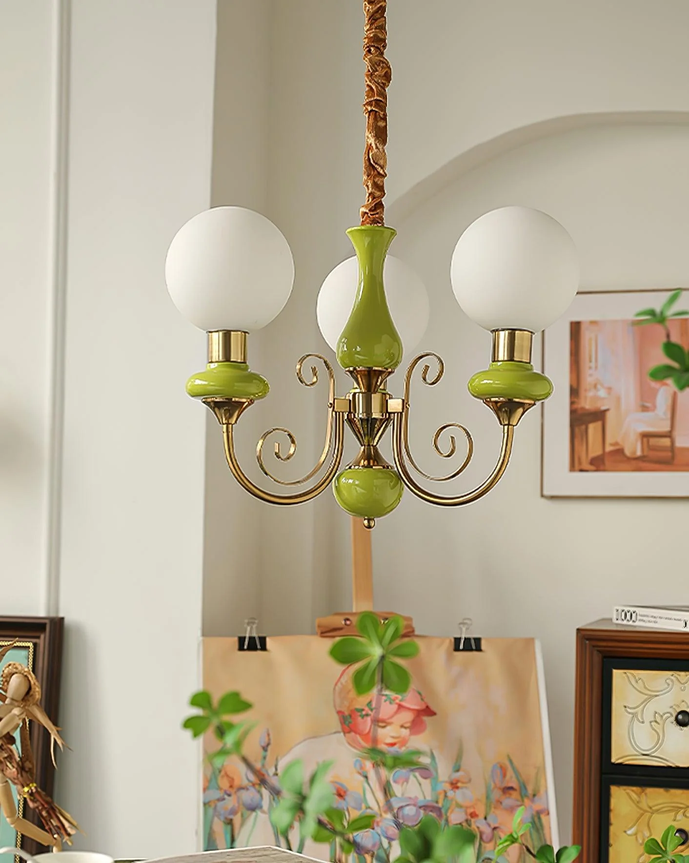 Lustra Chandelier Green Shades Gold Curved Arms - Image 31