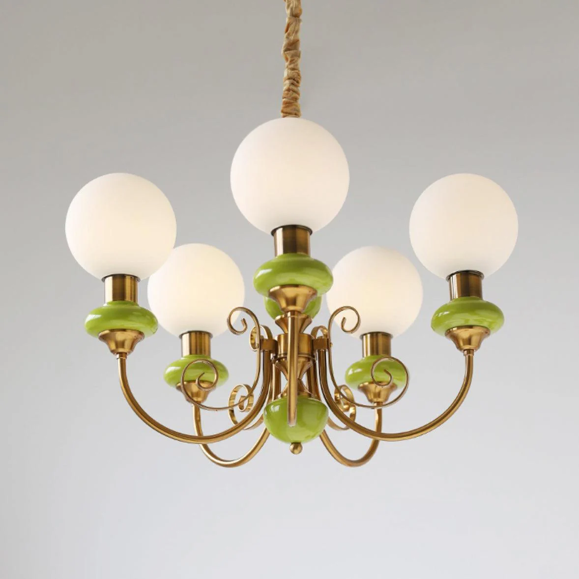 Lustra Chandelier Green Shades Gold Curved Arms - Image 32