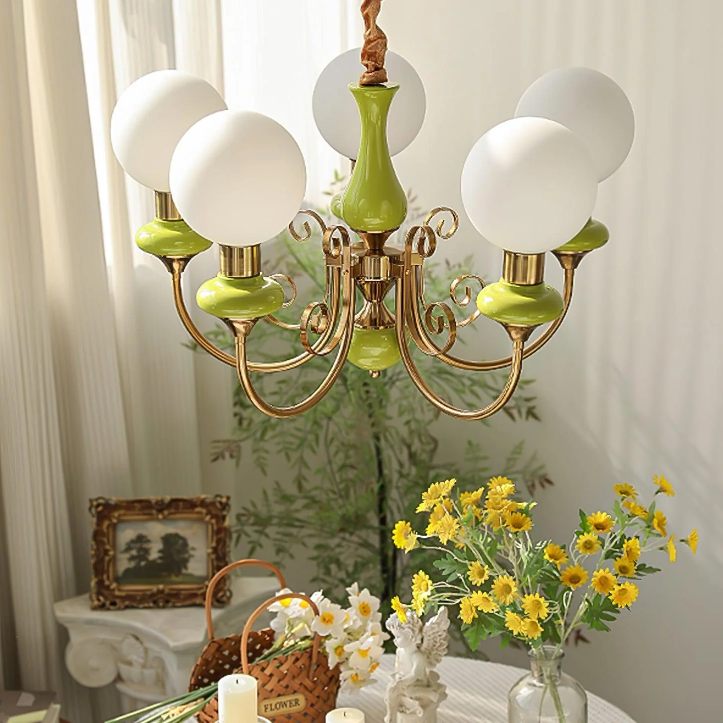 Lustra Chandelier Green Shades Gold Curved Arms - Image 33