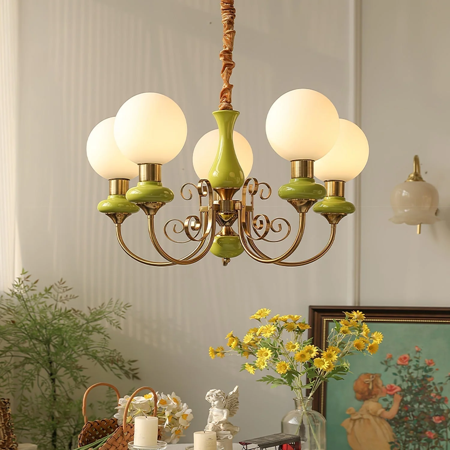 Lustra Chandelier Green Shades Gold Curved Arms - Image 35