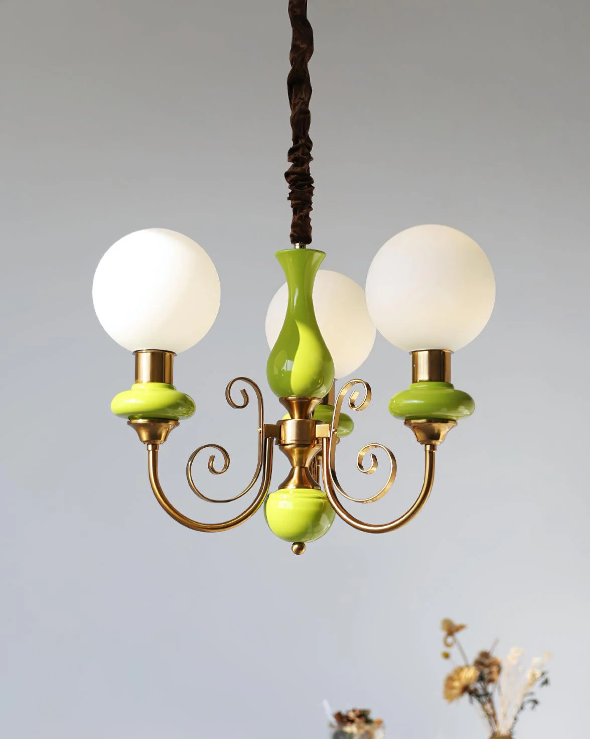 Lustra Chandelier Green Shades Gold Curved Arms - Image 36