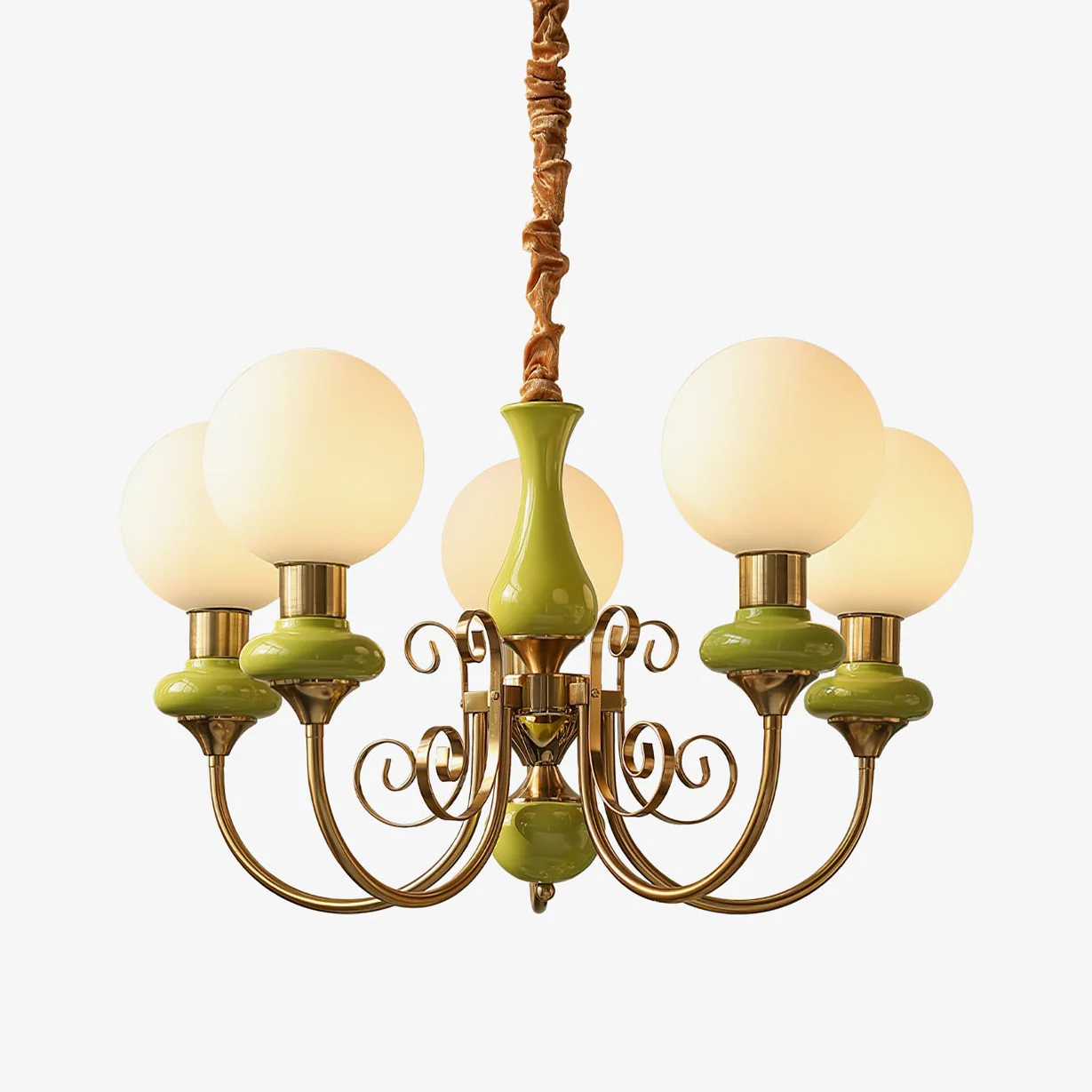 Lustra Chandelier Green Shades Gold Curved Arms - Image 39