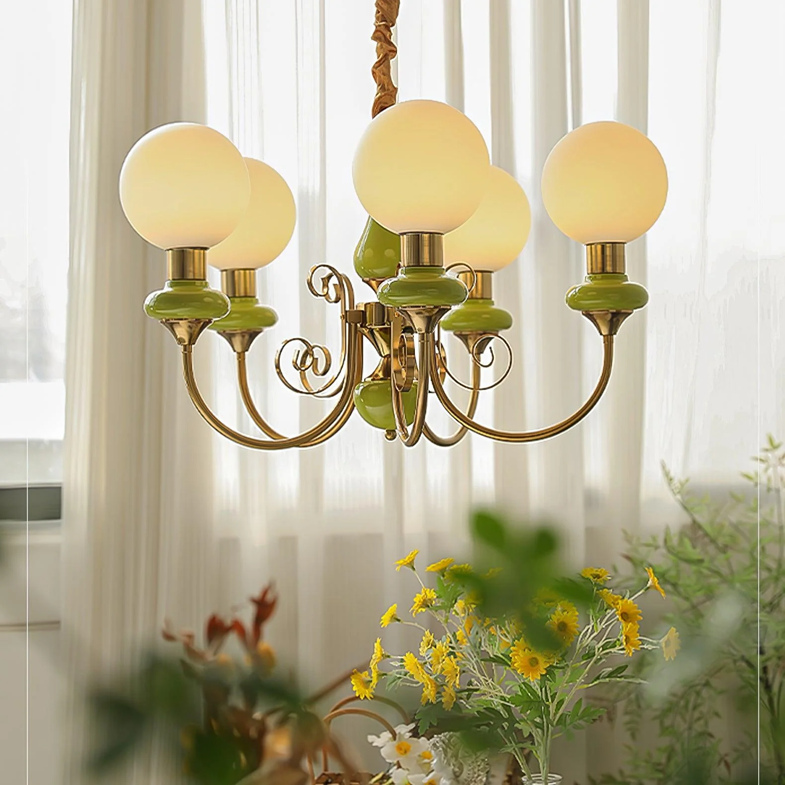 Lustra Chandelier Green Shades Gold Curved Arms - Image 40