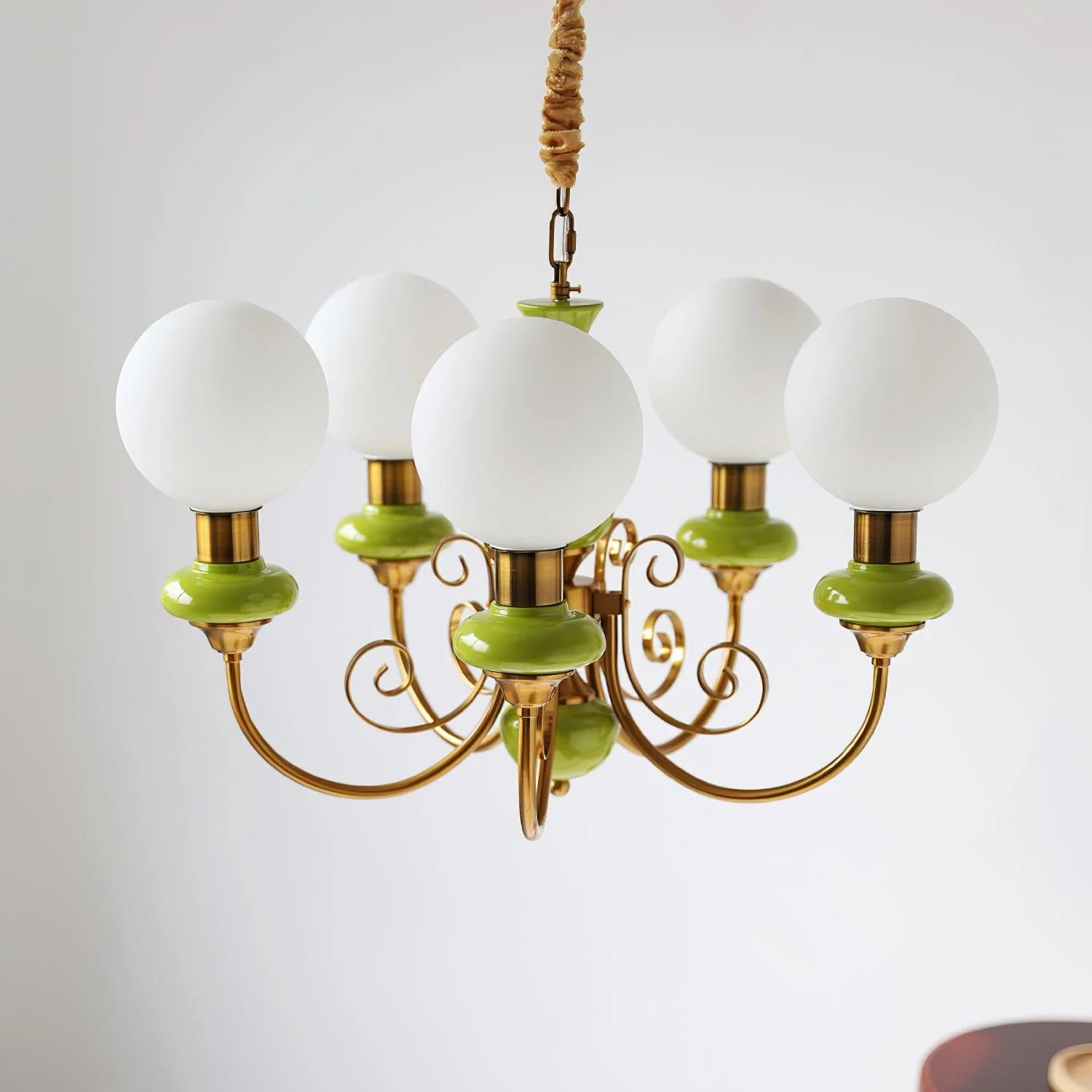Lustra Chandelier Green Shades Gold Curved Arms - Image 41