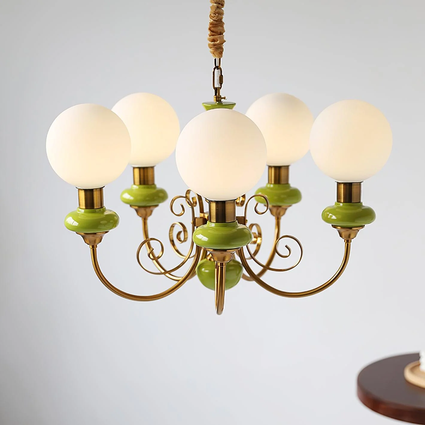 Lustra Chandelier Green Shades Gold Curved Arms - Image 43