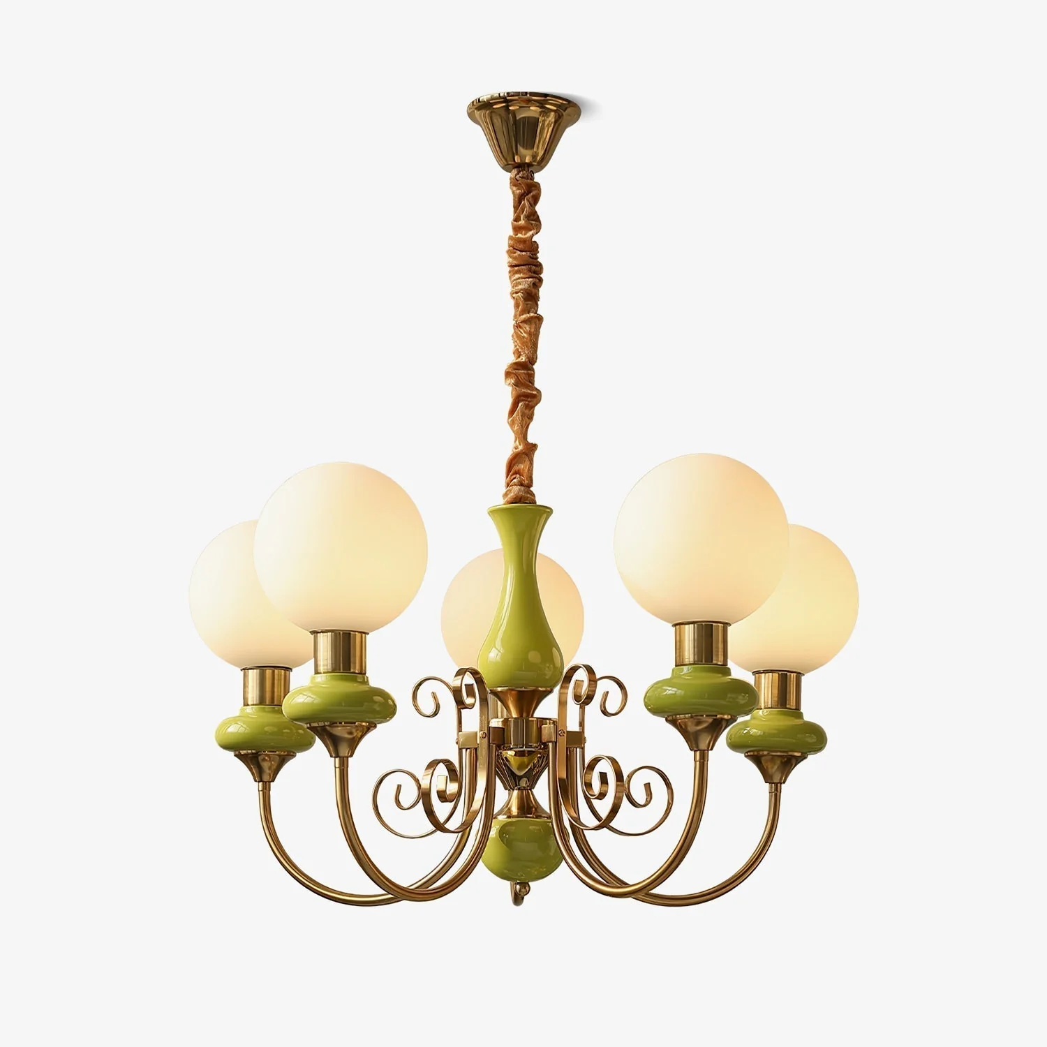 Lustra Chandelier Green Shades Gold Curved Arms - Image 44