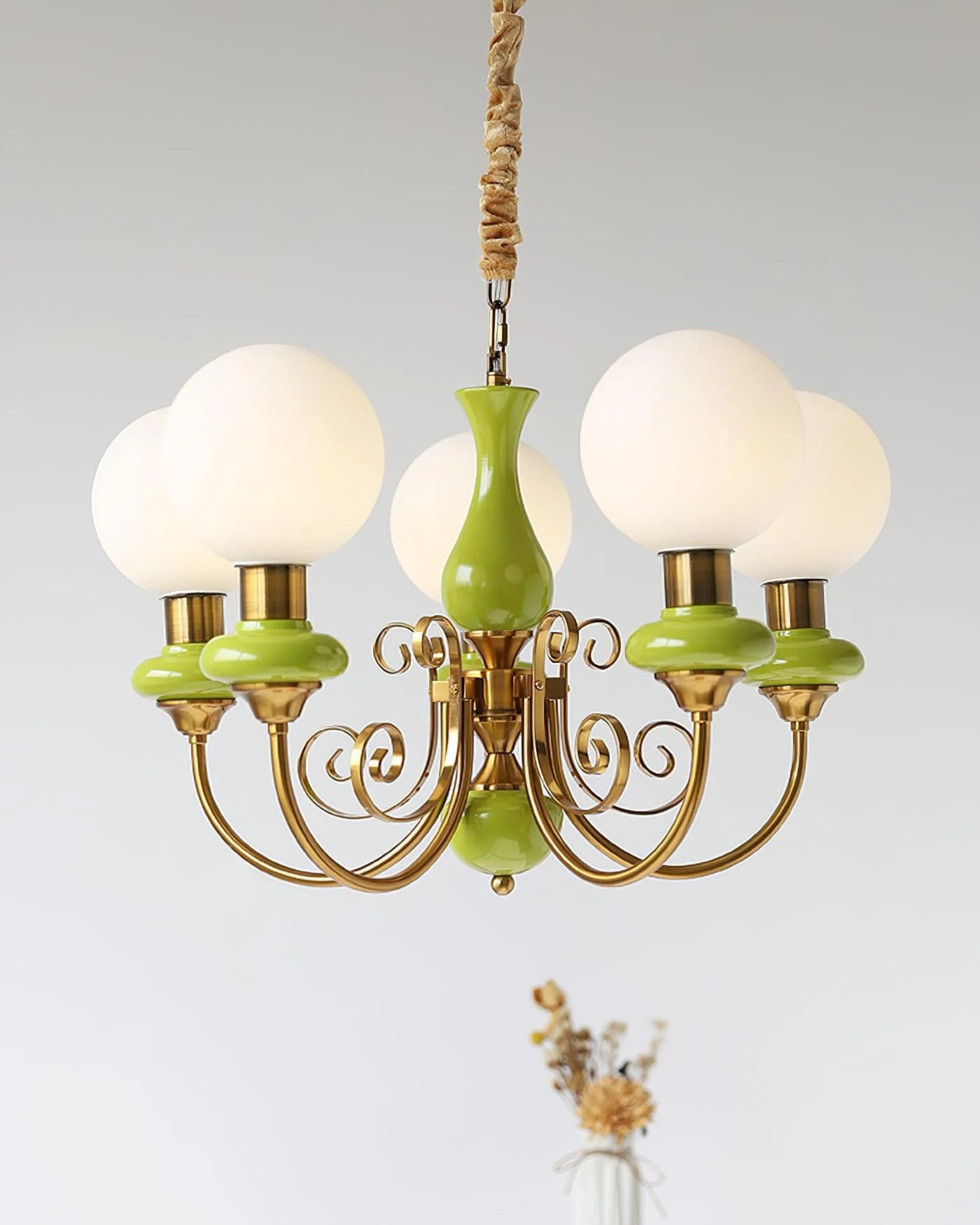Lustra Chandelier Green Shades Gold Curved Arms - Image 46
