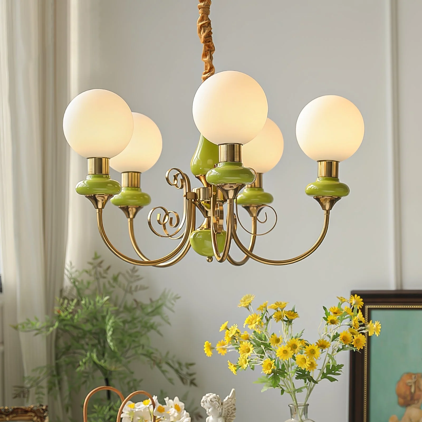Lustra Chandelier Green Shades Gold Curved Arms - Image 47