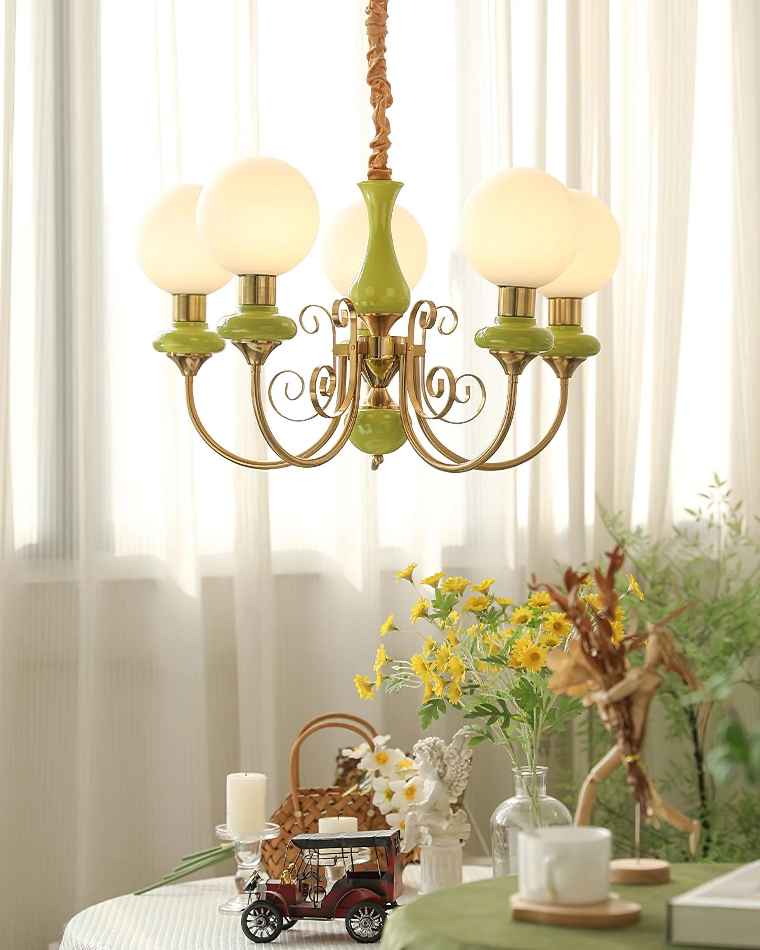 Lustra Chandelier Green Shades Gold Curved Arms - Image 53