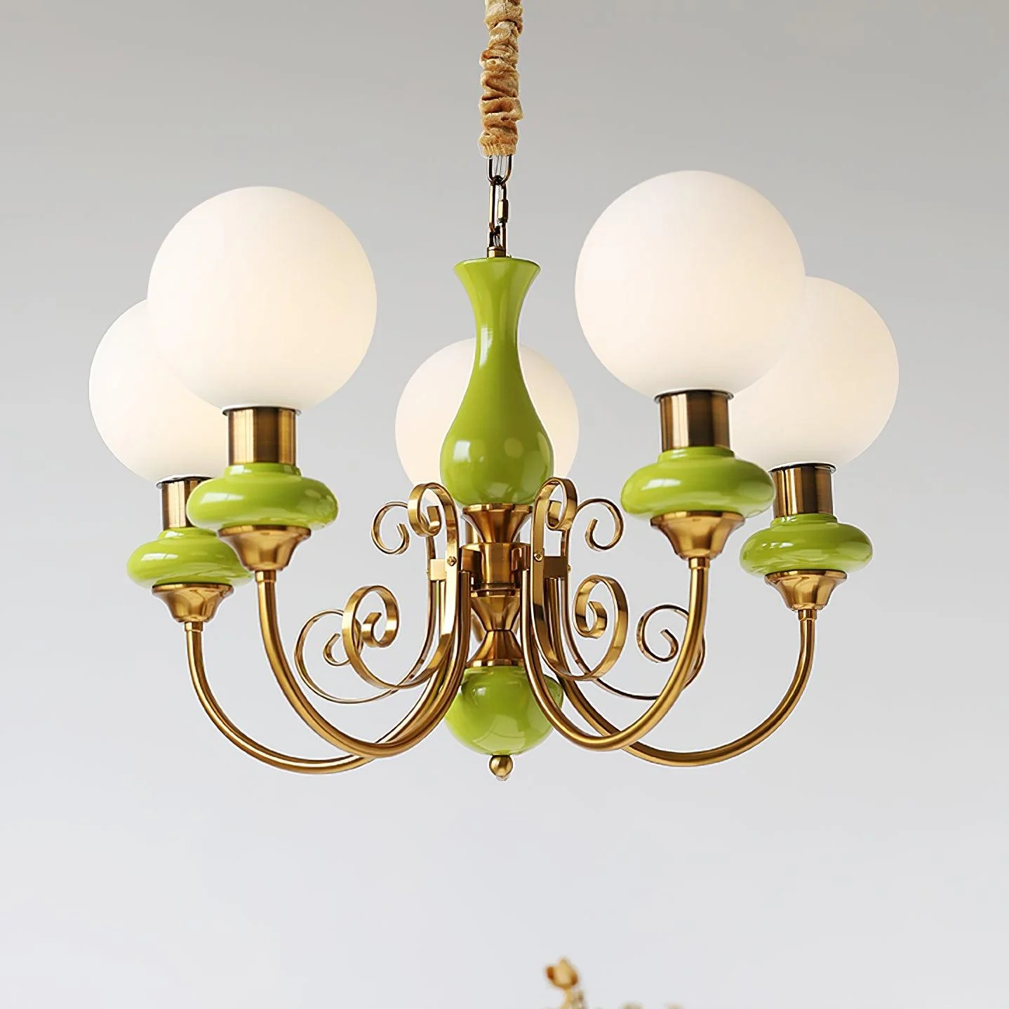 Lustra Chandelier Green Shades Gold Curved Arms - Image 54