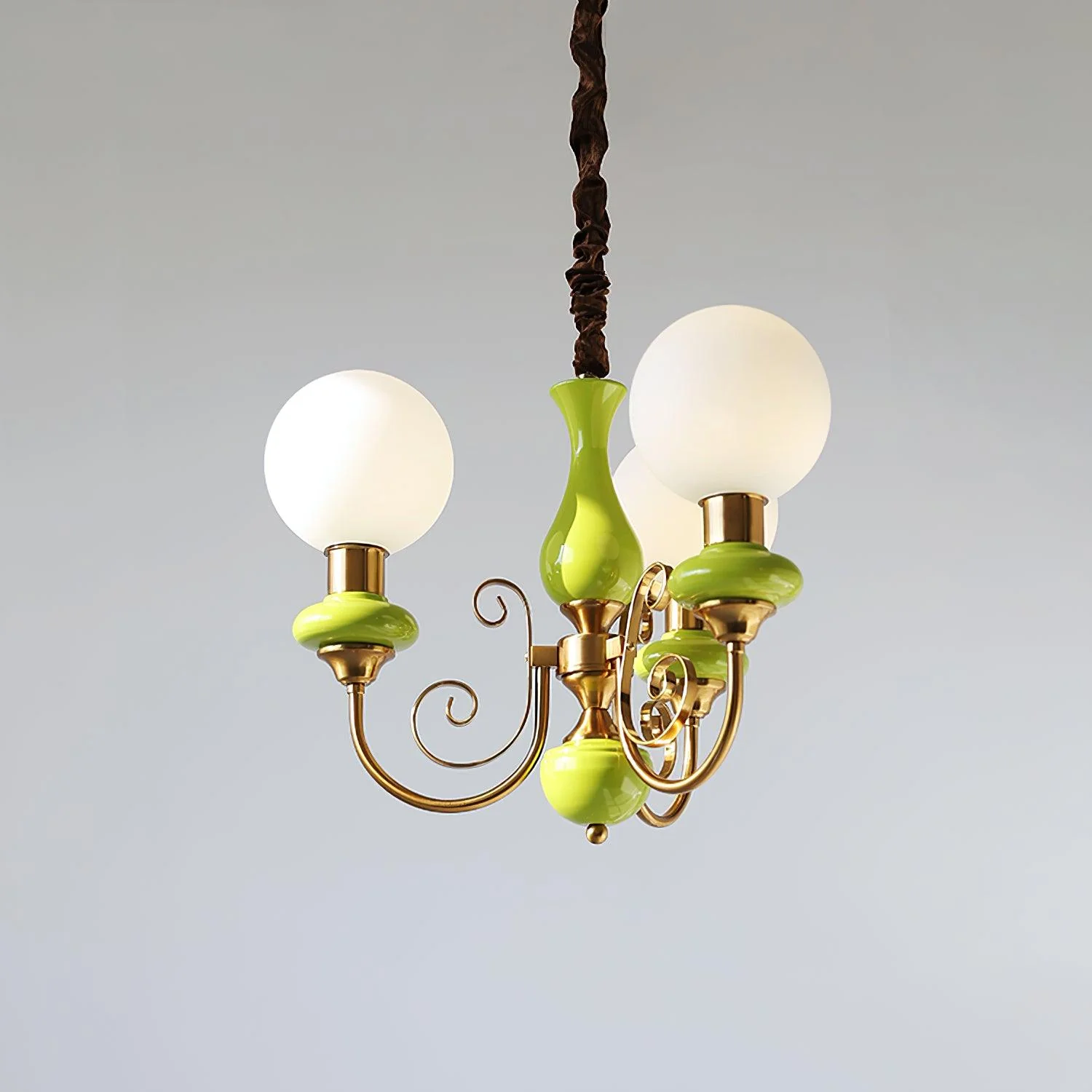 Lustra Chandelier Green Shades Gold Curved Arms - Image 55