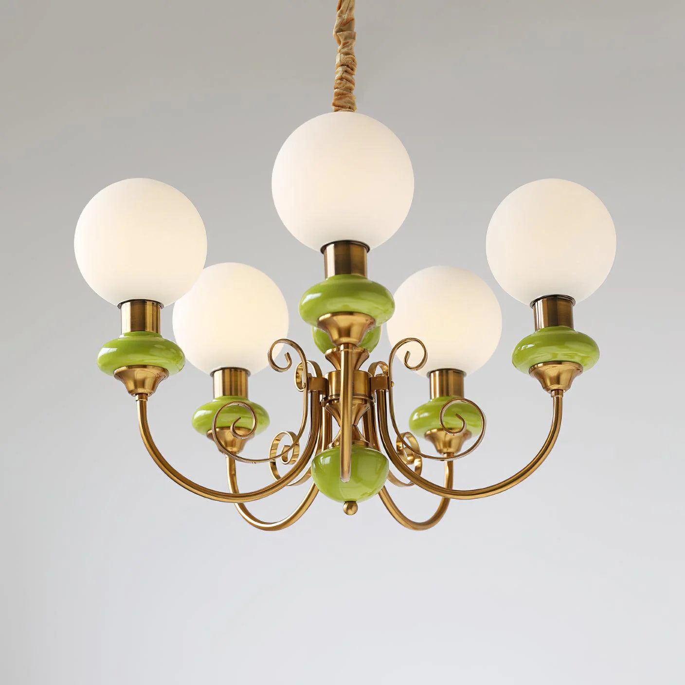 Lustra Chandelier Green Shades Gold Curved Arms - Image 56