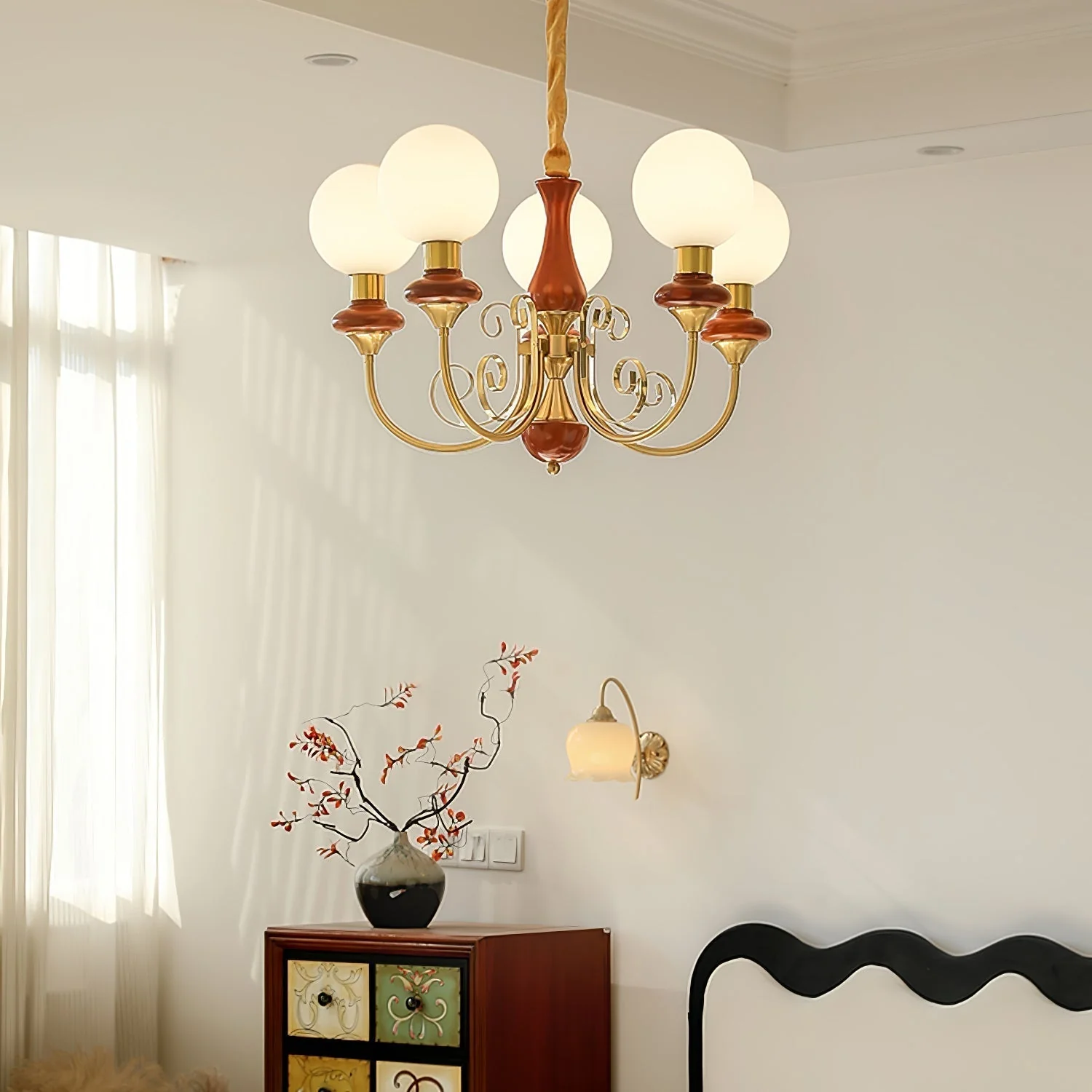 Lustra Chandelier Green Shades Gold Curved Arms - Image 65