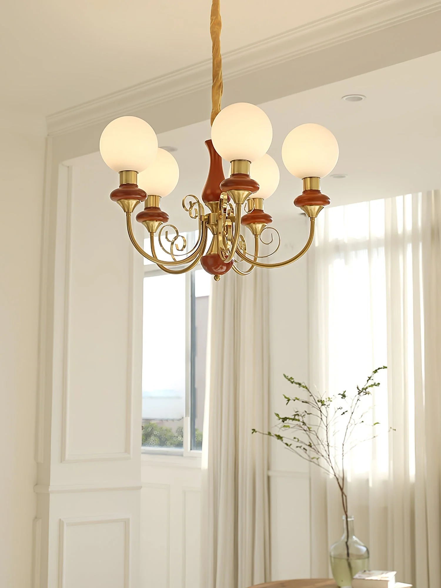 Lustra Chandelier Green Shades Gold Curved Arms - Image 66