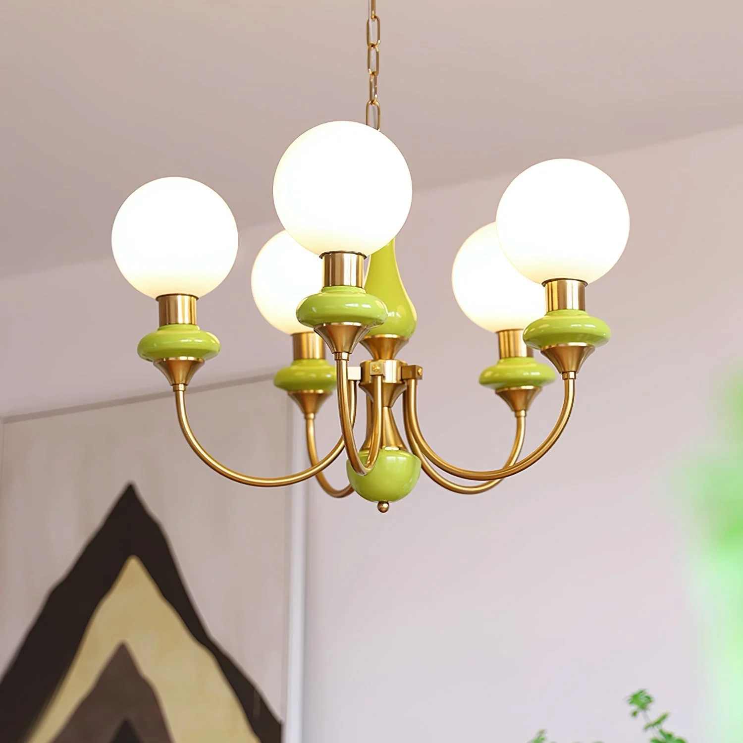 Lustra Chandelier Green Shades Gold Curved Arms - Image 67