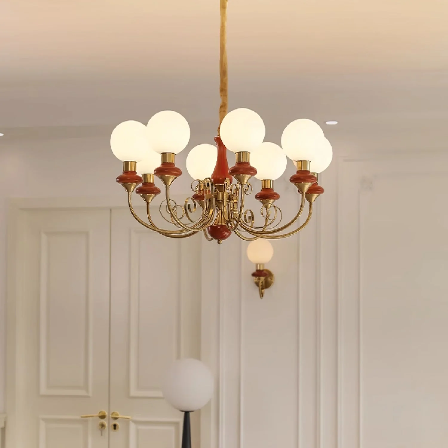 Lustra Chandelier Green Shades Gold Curved Arms - Image 68