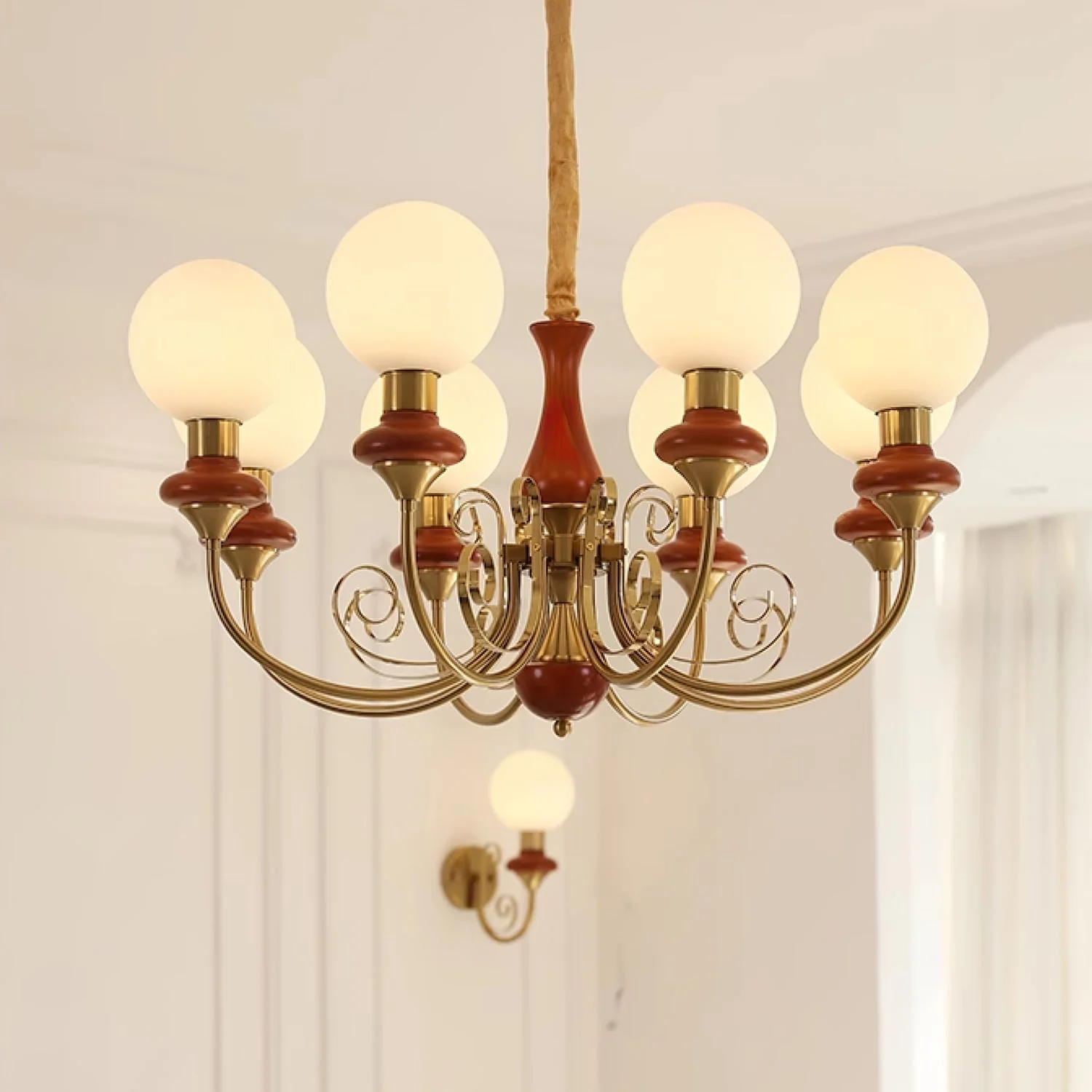 Lustra Chandelier Green Shades Gold Curved Arms - Image 69