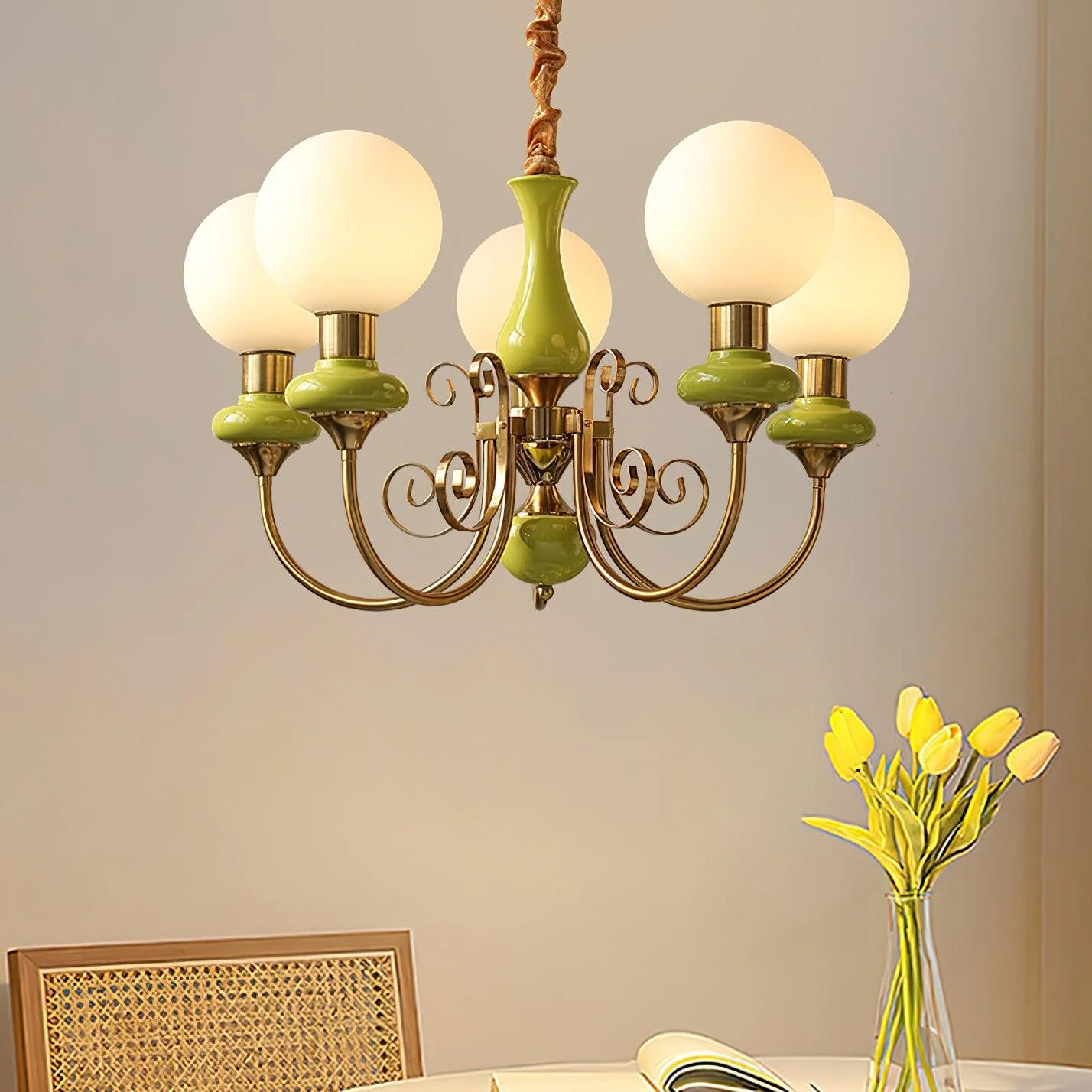 Lustra Chandelier Green Shades Gold Curved Arms - Image 7