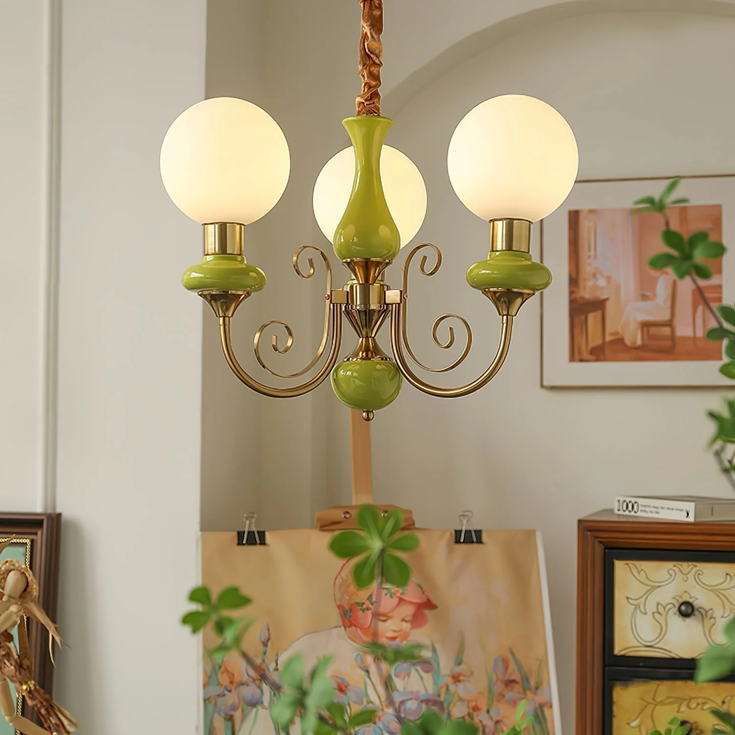 Lustra Chandelier Green Shades Gold Curved Arms - Image 70