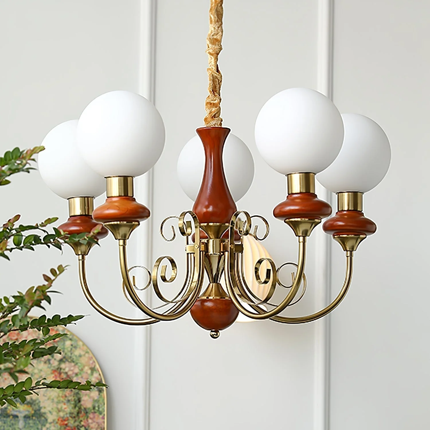 Lustra Chandelier Green Shades Gold Curved Arms - Image 73