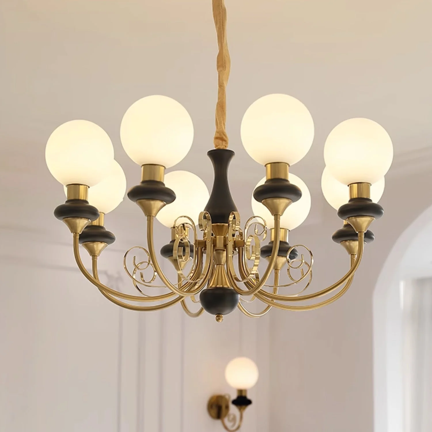 Lustra Chandelier Green Shades Gold Curved Arms - Image 74