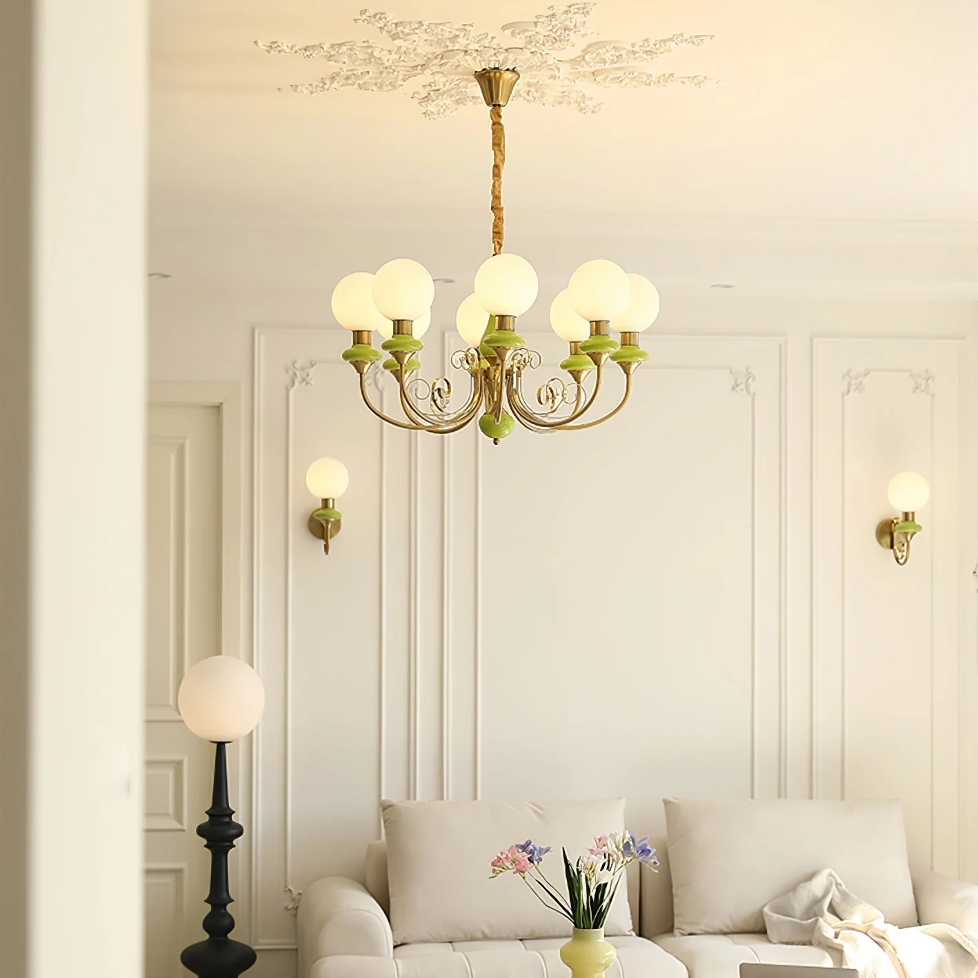 Lustra Chandelier Green Shades Gold Curved Arms - Image 75