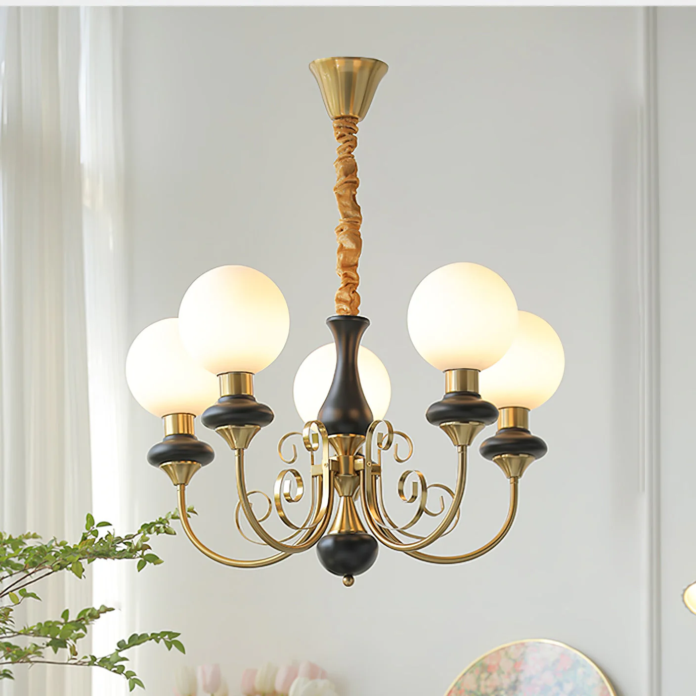 Lustra Chandelier Green Shades Gold Curved Arms - Image 76