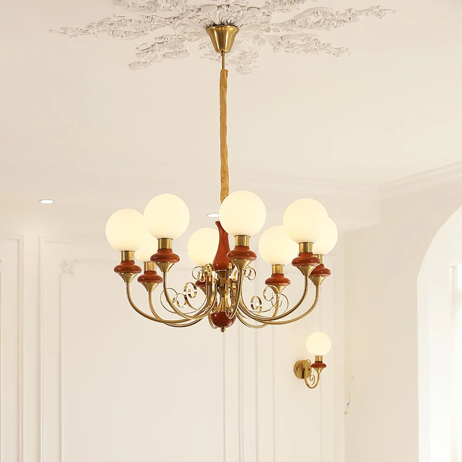 Lustra Chandelier Green Shades Gold Curved Arms - Image 77