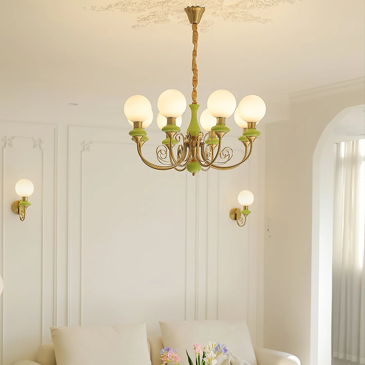 Lustra Chandelier Green Shades Gold Curved Arms - Image 78