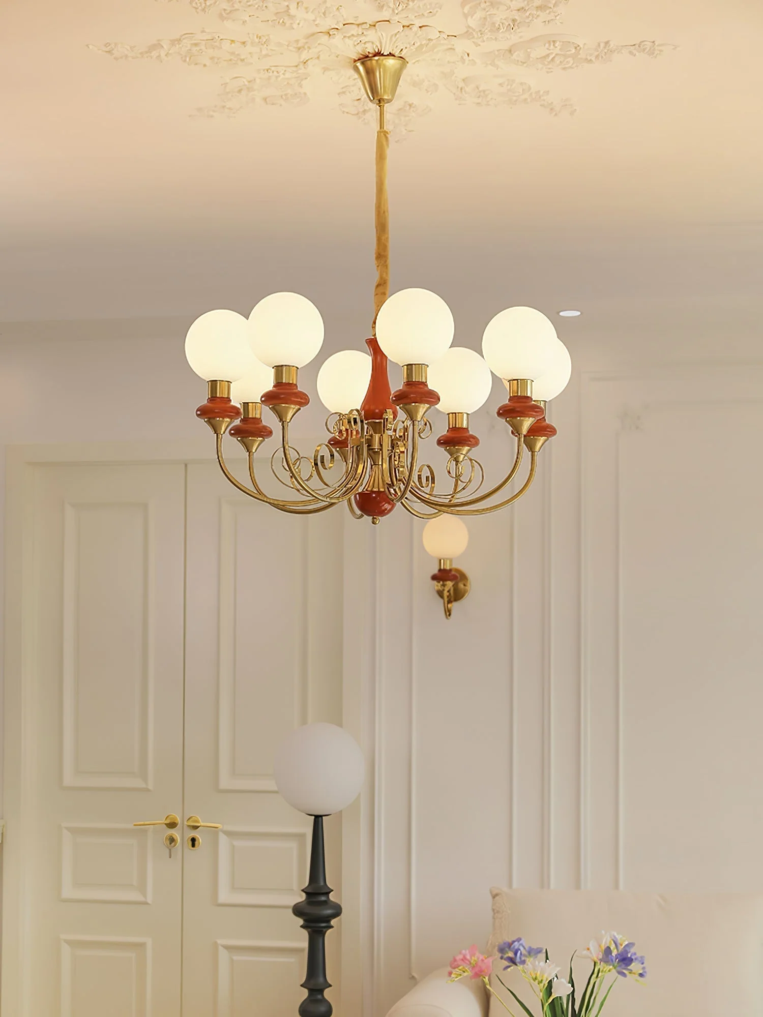 Lustra Chandelier Green Shades Gold Curved Arms - Image 79