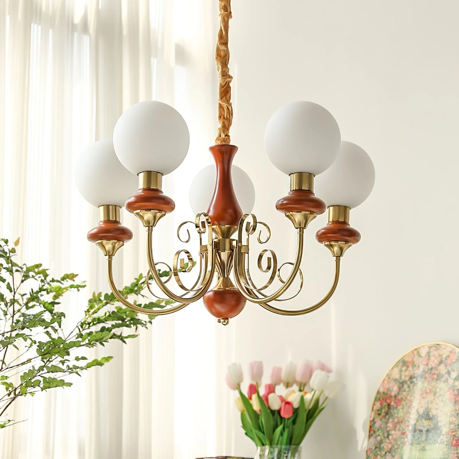 Lustra Chandelier Green Shades Gold Curved Arms - Image 81
