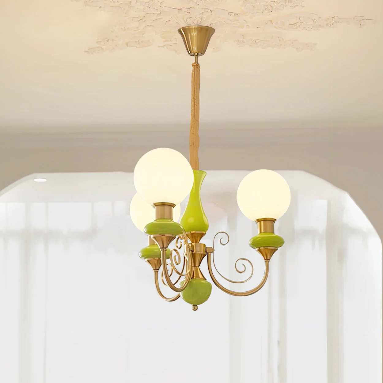 Lustra Chandelier Green Shades Gold Curved Arms - Image 82