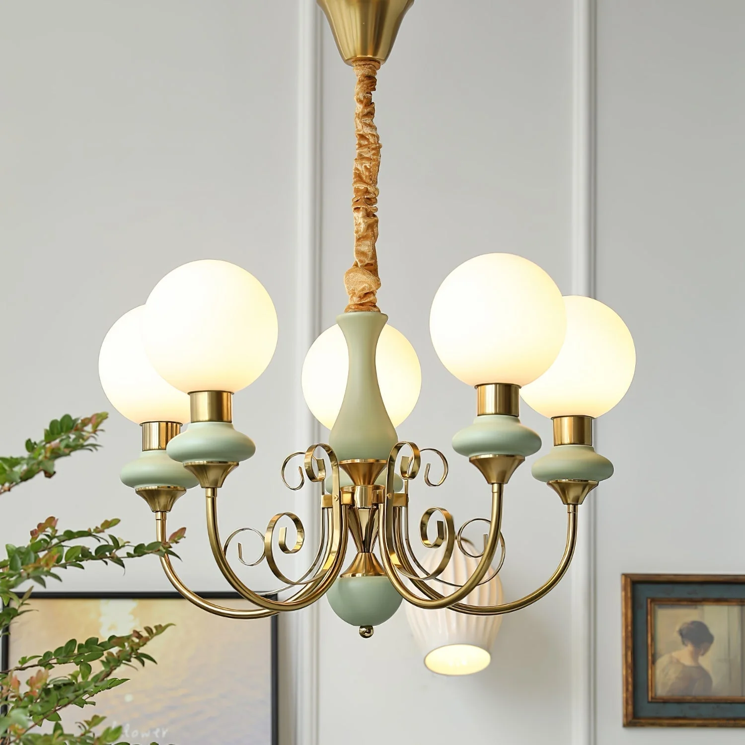 Lustra Chandelier Green Shades Gold Curved Arms - Image 83