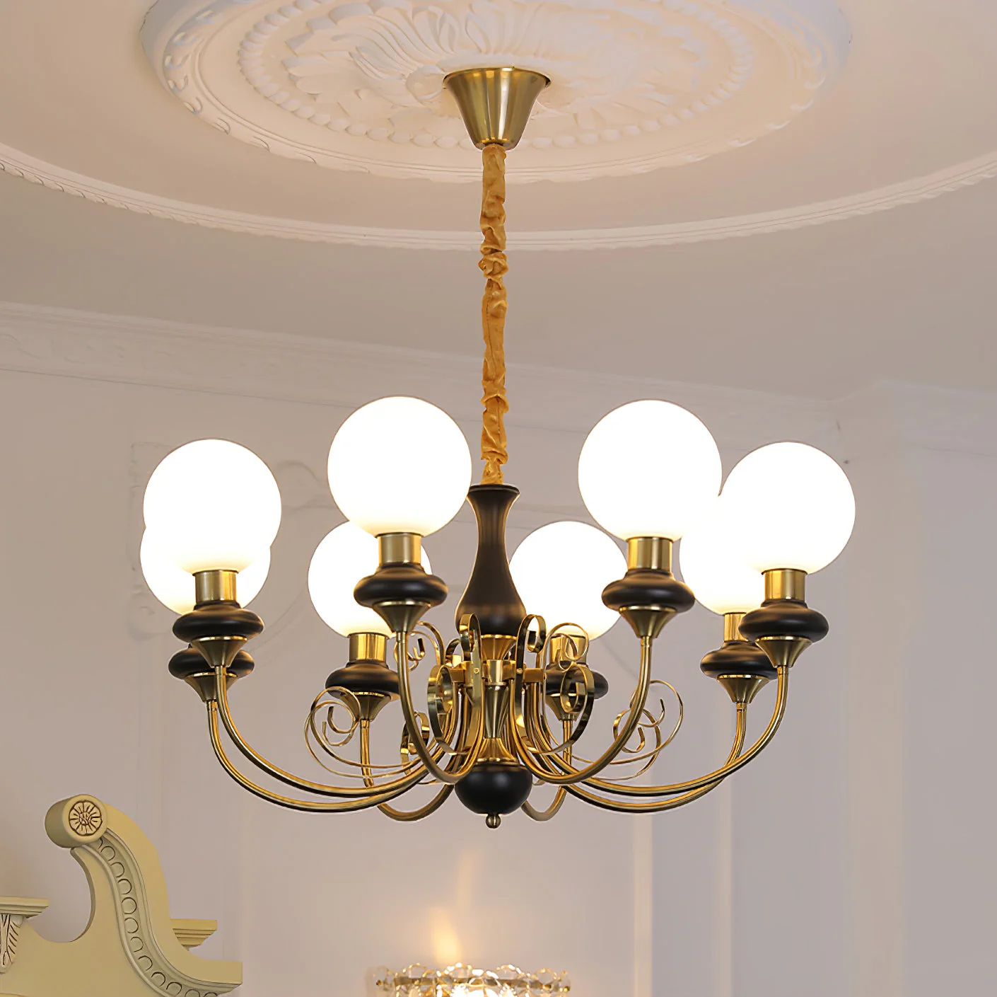 Lustra Chandelier Green Shades Gold Curved Arms - Image 86
