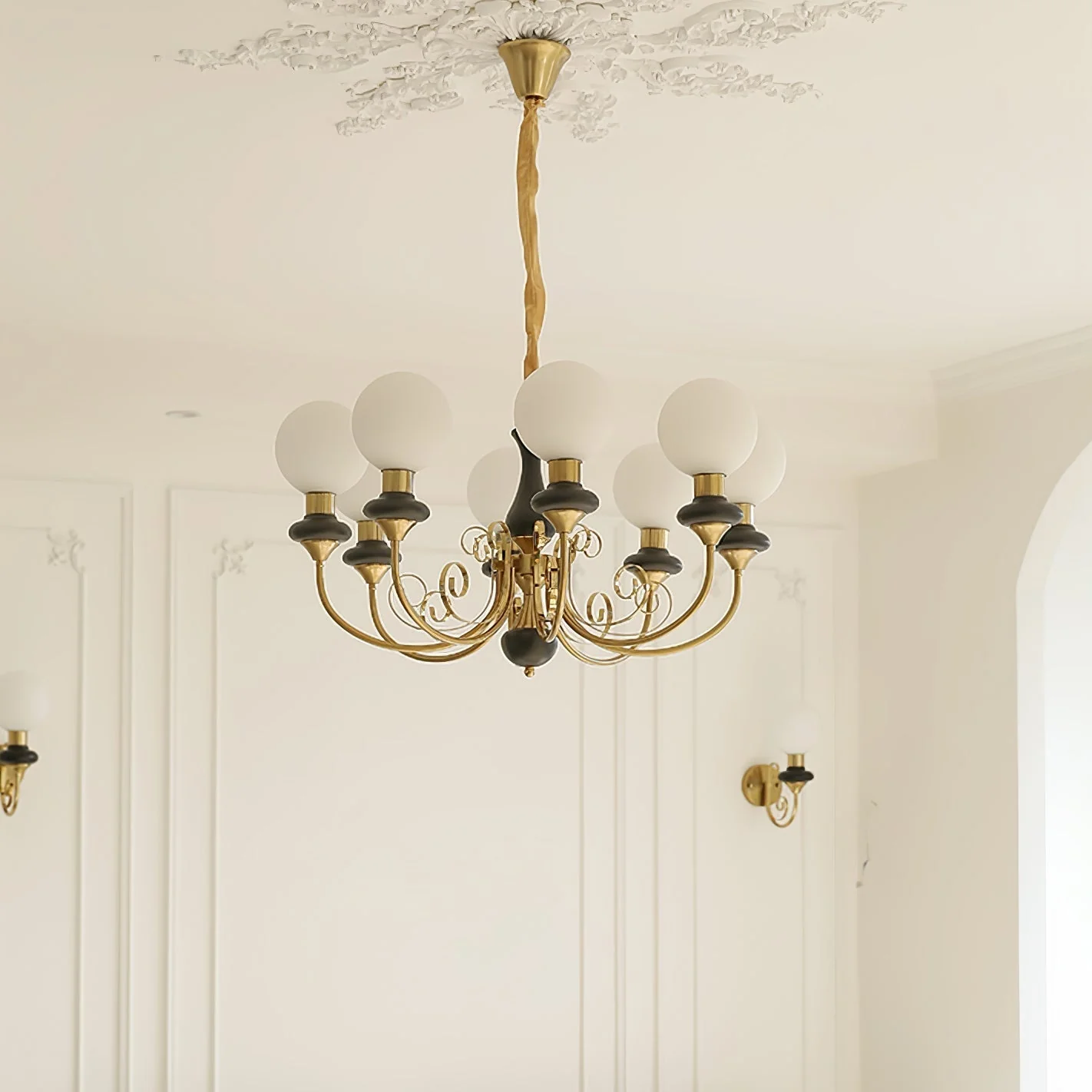 Lustra Chandelier Green Shades Gold Curved Arms - Image 89