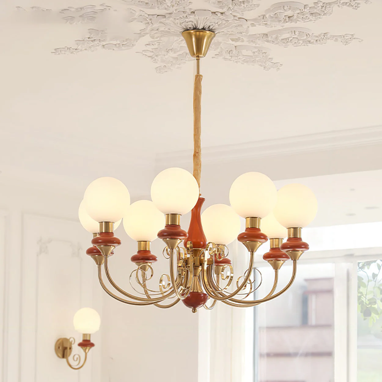 Lustra Chandelier Green Shades Gold Curved Arms - Image 90