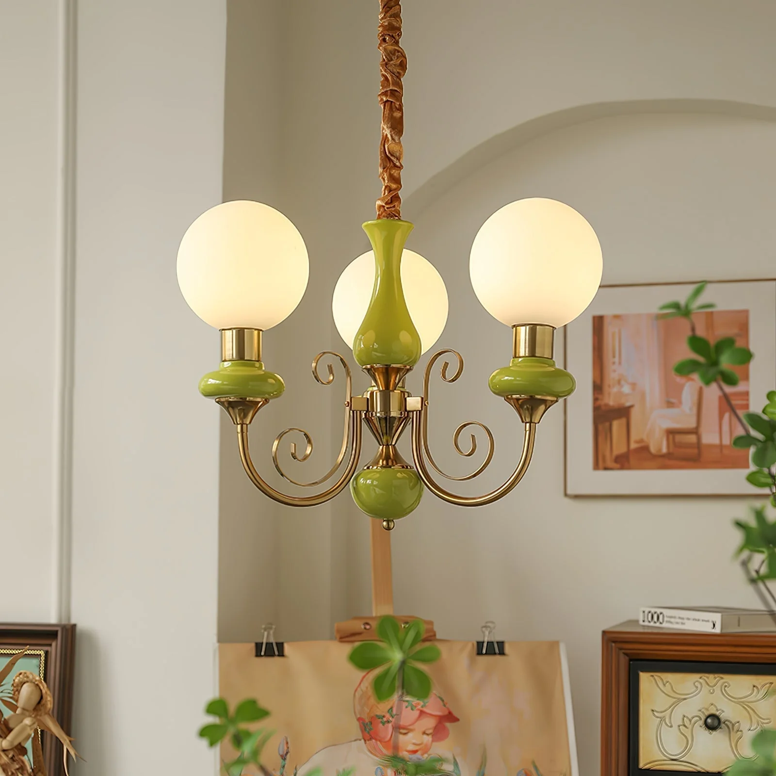 Lustra Chandelier Green Shades Gold Curved Arms - Image 91
