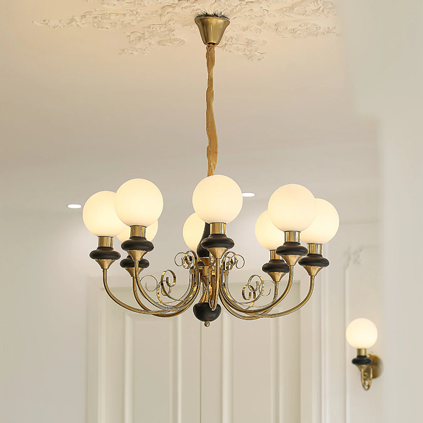 Lustra Chandelier Green Shades Gold Curved Arms - Image 92