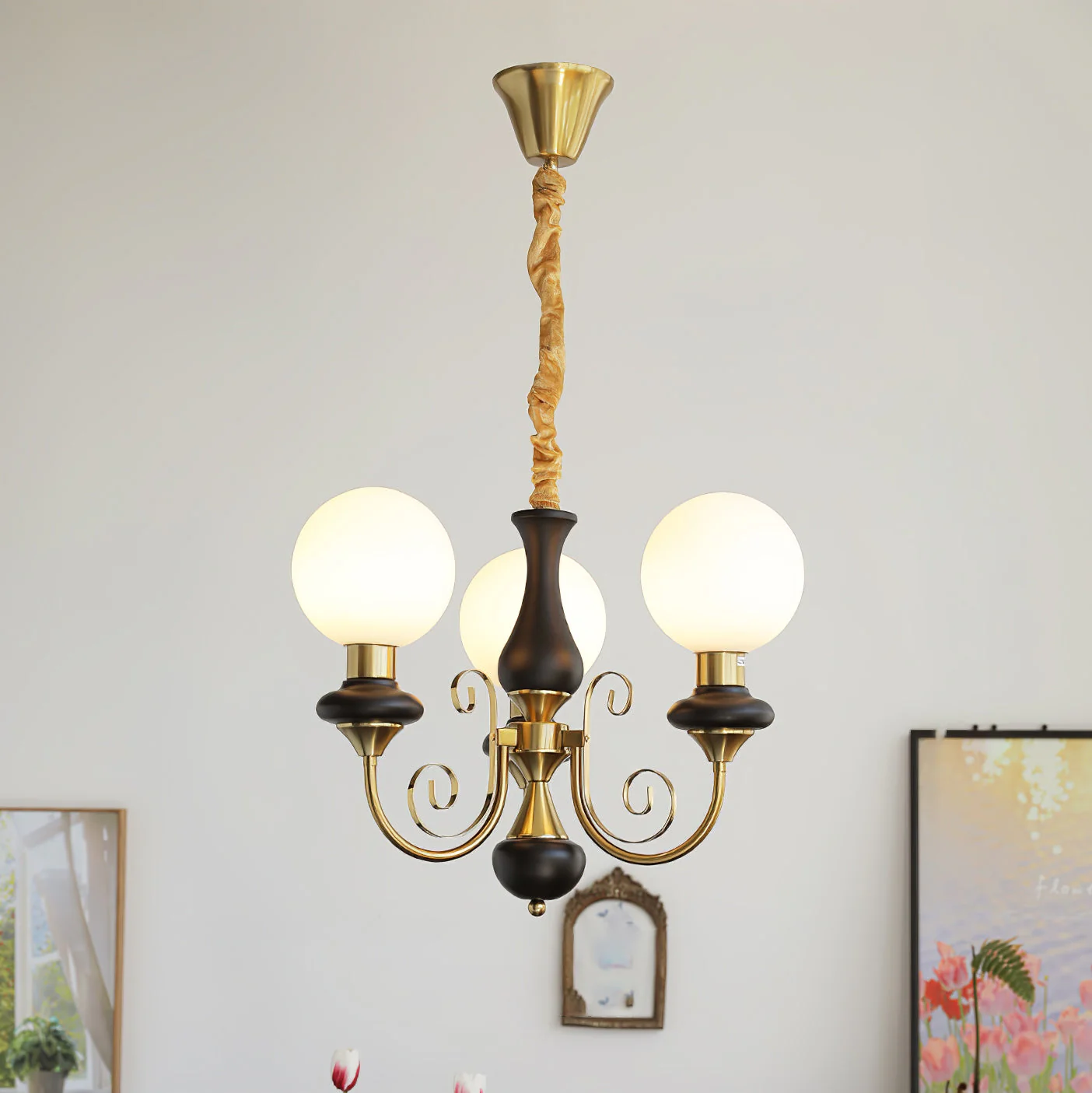 Lustra Chandelier Green Shades Gold Curved Arms - Image 94