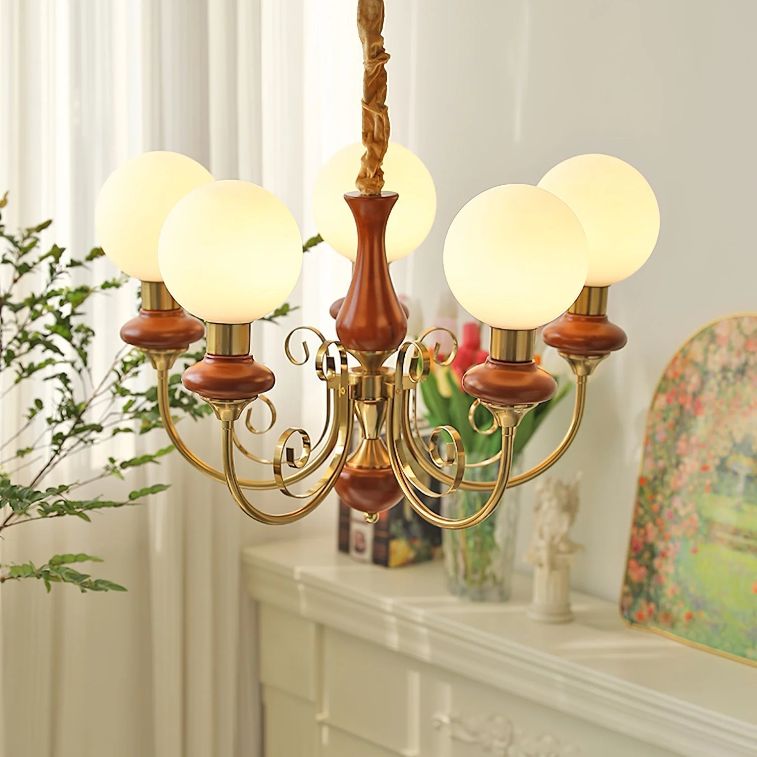Lustra Chandelier Green Shades Gold Curved Arms - Image 97