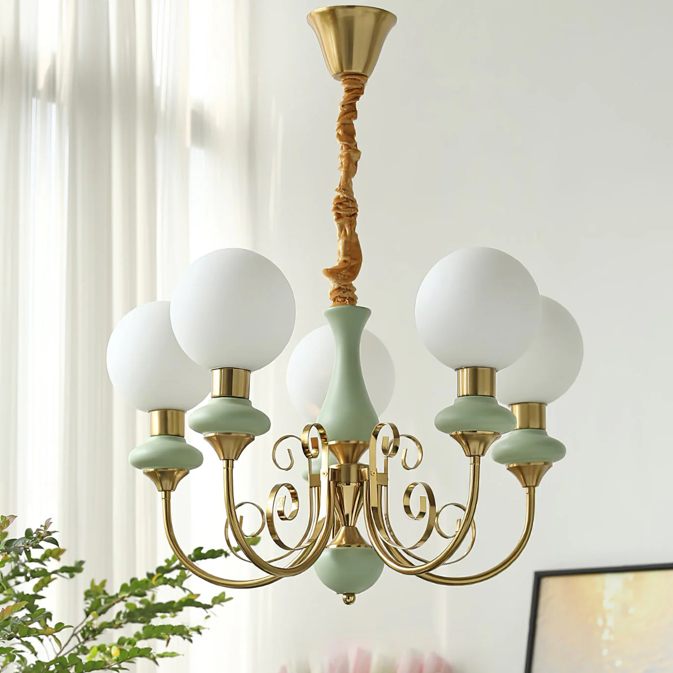 Lustra Chandelier Green Shades Gold Curved Arms - Image 98