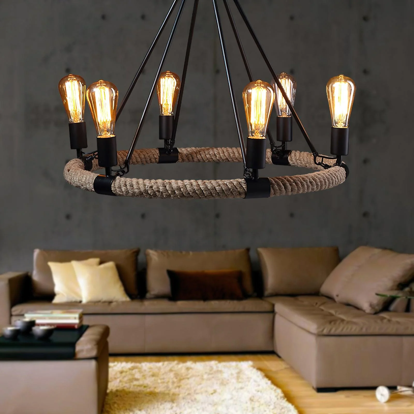 Lustra Chandelier Hemp Rope Industrial Round - Image 12