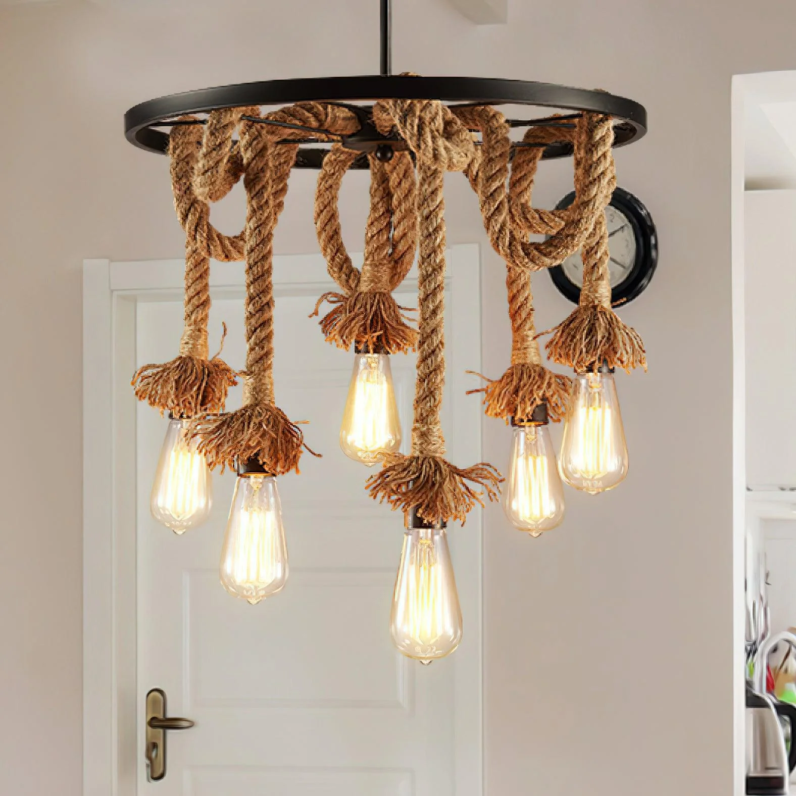 Lustra Chandelier Hemp Rope Industrial Six Head - Image 3