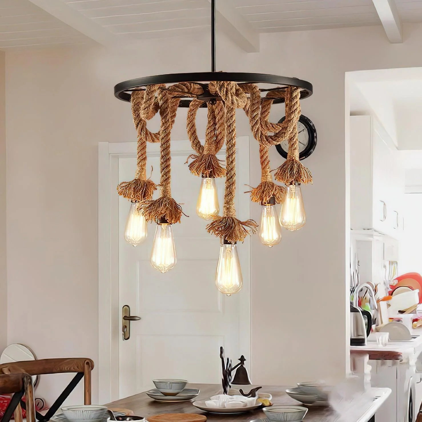 Lustra Chandelier Hemp Rope Industrial Six Head - Image 7